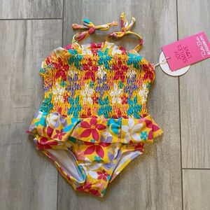 NWT RuffeButts Endless Summer Floral Peplum Smocked One Piece Swimsuit, 3-6M